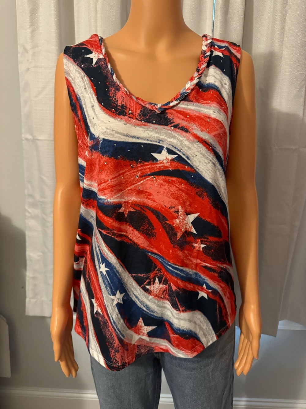 Cute Thomas & Olivia size XL Ted white blue sleeveless braided rhinestone tank